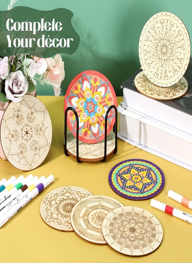 Reallnaive 45 Pcs Wooden Coasters Painting Set with Markers 4 Inch Boho Drink Coaster Gift Arts and Crafts DIY Kit for Adults, Women, Hobby, Christmas Ornament Home Apartment Decor (Mandala) - Image 4